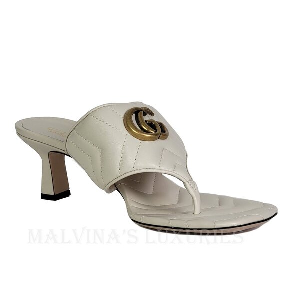 GUCCI SHOES DOUBLE G MARMONT LOGO WHITE QUILTED THONG SANDALS - Picture 8 of 15